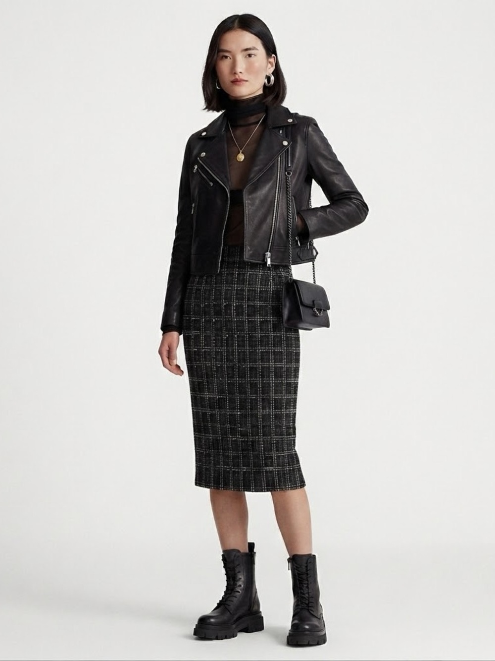 Lauren Alexandra Tweed Plaid Pencil Skirt Small Edgy Streetwear chic Grunge